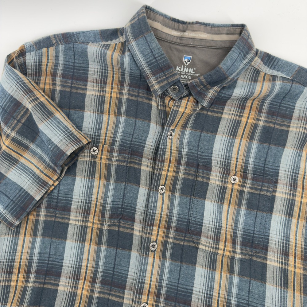Kuhl Mens Large Tapered Fit Plaid Short Sleeve Button Down Shirt Blue Tan